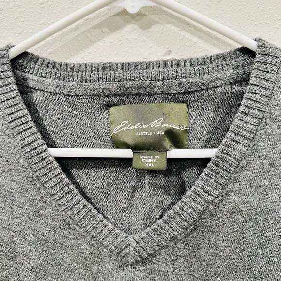 Vintage Eddie Bauer XXL Mens Gray V-Neck Cotton Cashmere Blend Pullover Soft 90s - Picture 5 of 14